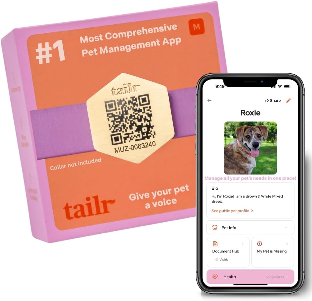 Slide-On Pet ID QR Tag, Gold-Plated Military-Grade Steel, Includes Free Digital Pet Profile App with Health Records Manager & Document Hub (Medium)