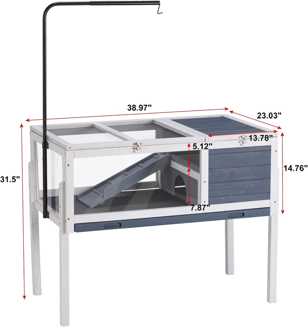 BIRASIL Wood Tortoise Enclosure with Adjustable Light Stand,2-Tier Habitat Reptile Cage with Swimming Area Feeding Area, Tortoises House for Small Animals Lizards Hamster (Gray/White)