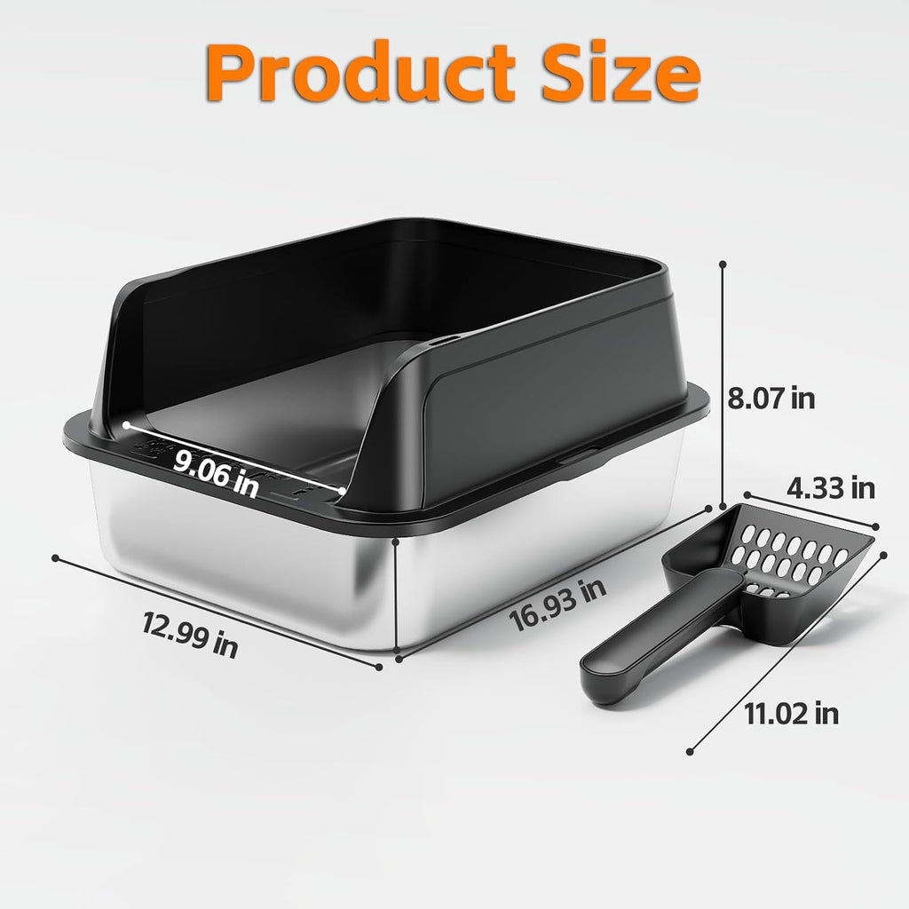 Premium Stainless Steel Cat Litter Box with Scoop – Large High-Sided Open Top Litter Pan, Rust-Resistant & Metal Kitty Litter Tray, Non-Stick Easy Clean Surface with Non-Slip Pads