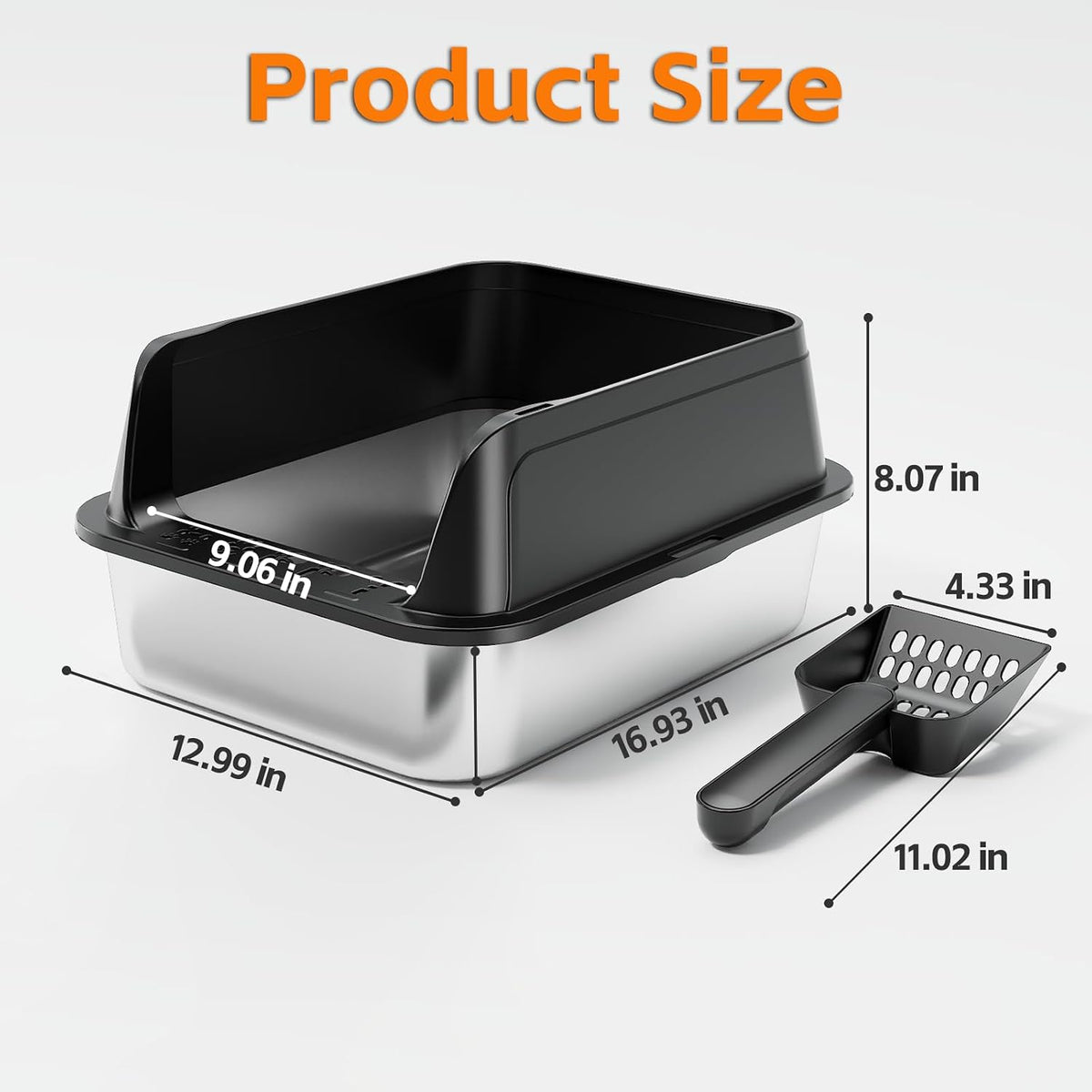 Premium Stainless Steel Cat Litter Box with Scoop – Large High-Sided Open Top Litter Pan, Rust-Resistant & Metal Kitty Litter Tray, Non-Stick Easy Clean Surface with Non-Slip Pads