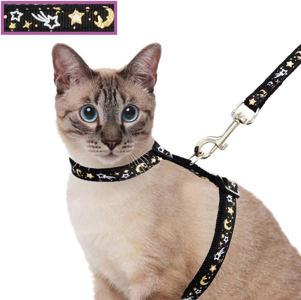 Cat Harness and Leash Set for Outdoor Walking Escape Proof Adjustable Soft Safety Strap with Golden Star and Moon Design Glow in The Dark Purple XL