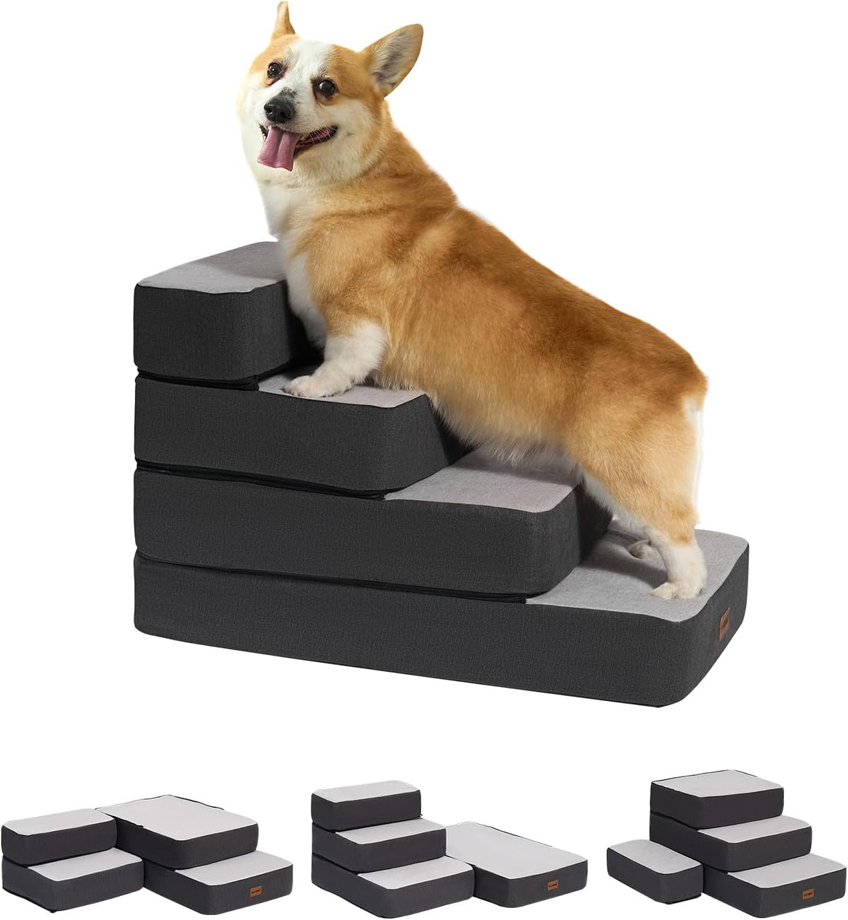 Garnpet 3-Step Adjustable Dog Stairs for Sofa and Couch, Dog Steps for Small Dogs and Cats, Foldable Pet Stairs for Low Bed Climbing, Non-Slip Pet Step Indoor, Grey