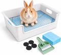 Rabbit Litter Box with Grate, Large Bunny Litter Pan for Cage, PP Toilet Tray with Removable Stainless Steel Grid, 10 Pee Pads, Brush and Non Slip Feet