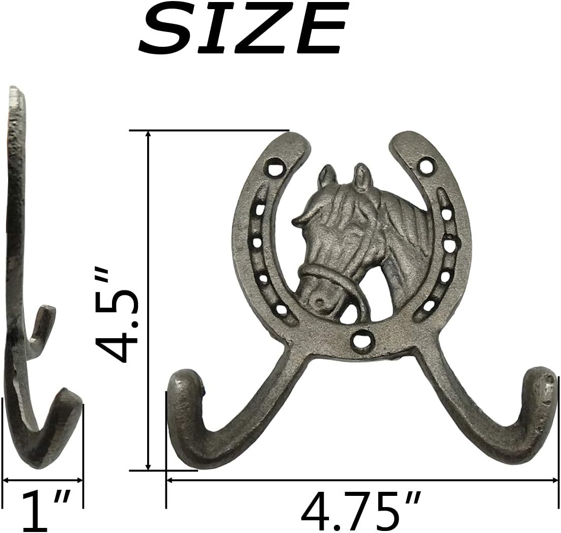 2PCS 4.5" Horse Head Horseshoe Western Double Cast Iron Wall Hooks, Horse Shoe with Horse