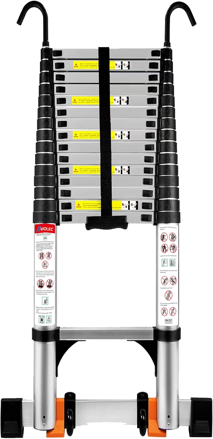 Telescoping Ladder with Hooks, 20.3 FT, Stabilizer & Wheels, Silver