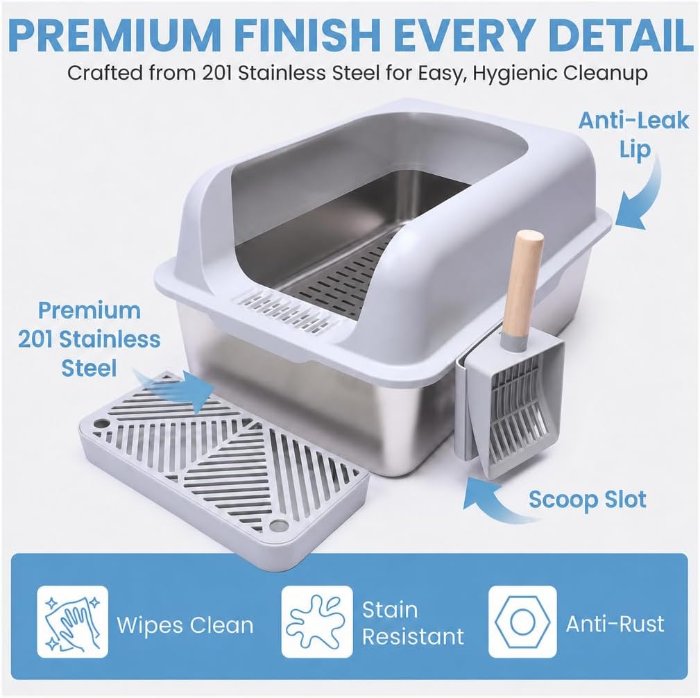 XL Stainless Steel Sifting Cat Litter Box with High Sides and Odor Control