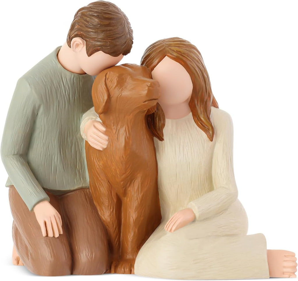 Hensonever Couple with Dog Figurines Ornaments, We are A Family Memorials Statues Gifts for Dog Lovers