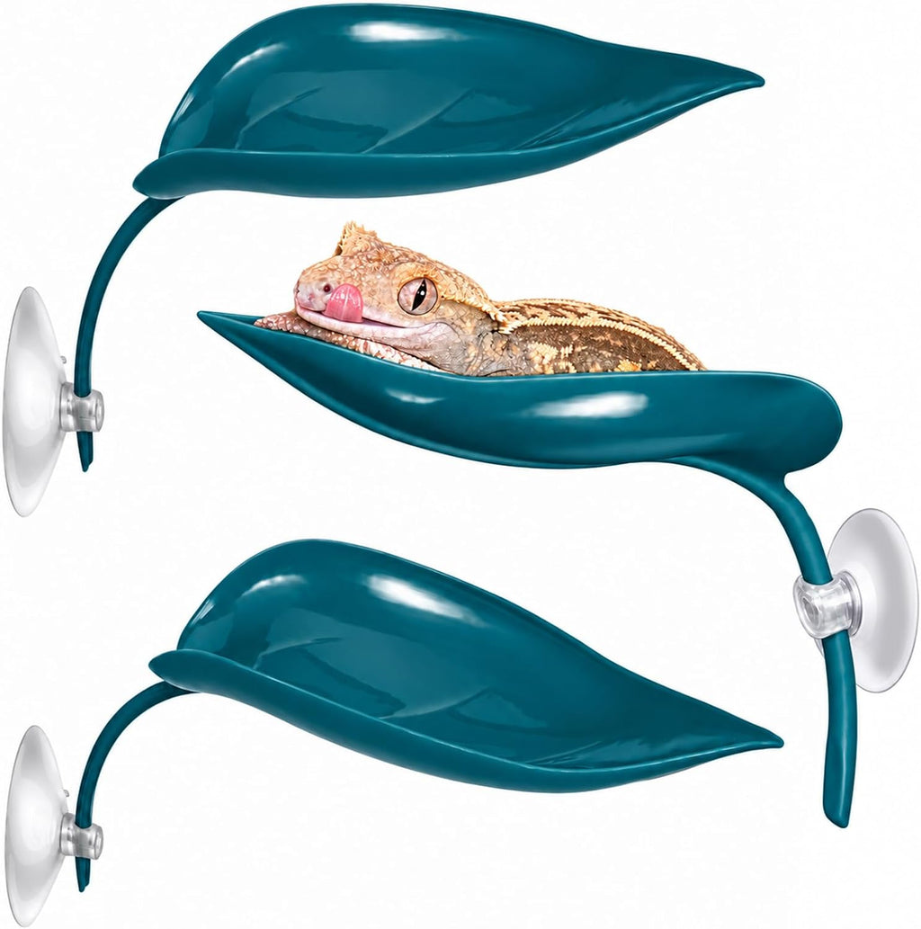 Crested Gecko Tank Accessories, 3PCS Reptile Leaf Hide Platform with Strong Suction Cups, Climbing & Resting Habitat Decor for Crested Geckos, Tree Frogs, Lizards and Small Reptiles (Dark Green)
