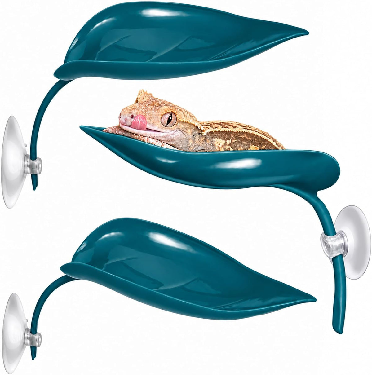 Crested Gecko Tank Accessories, 3PCS Reptile Leaf Hide Platform with Strong Suction Cups, Climbing & Resting Habitat Decor for Crested Geckos, Tree Frogs, Lizards and Small Reptiles (Dark Green)