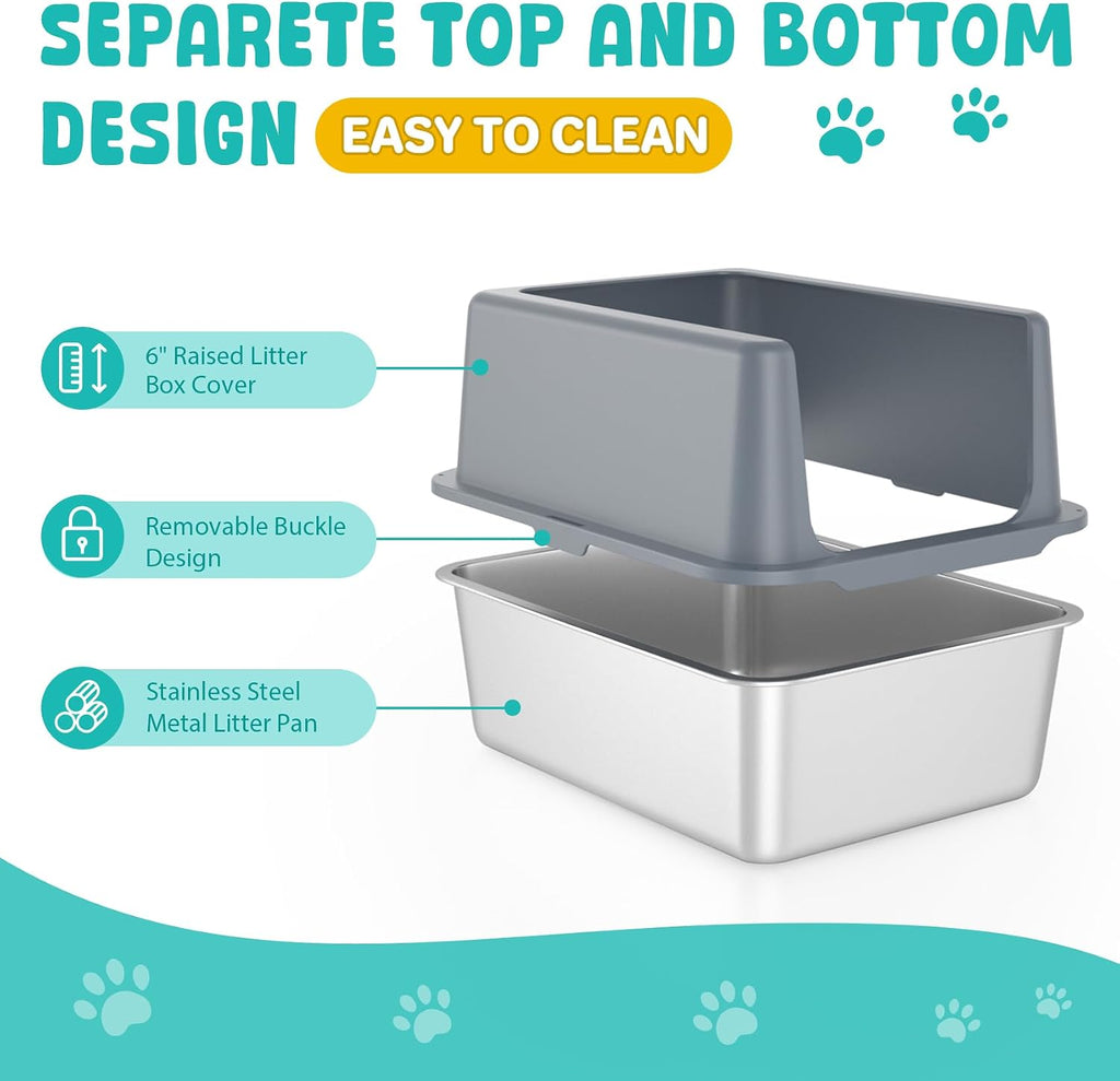 Litter Box with Lid, Stainless Steel Cat Litter Box, 12" High, Grey