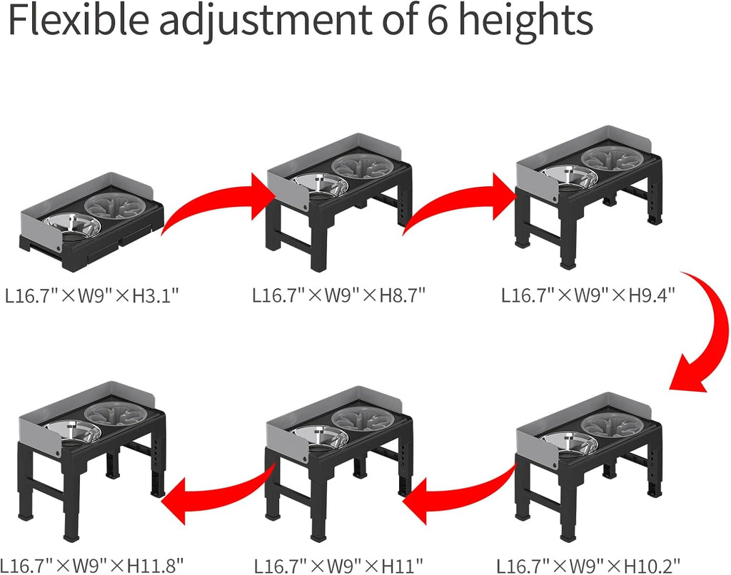 PAKEWAY Elevated Dog Bowls for Medium and Large Dogs, Spill-Proof Tiltable Dog Feeder with Slow Feeder Bowl and Stainless Steel Water Bowl, 6-Height Adjustable Raised Dog Bowl Stand