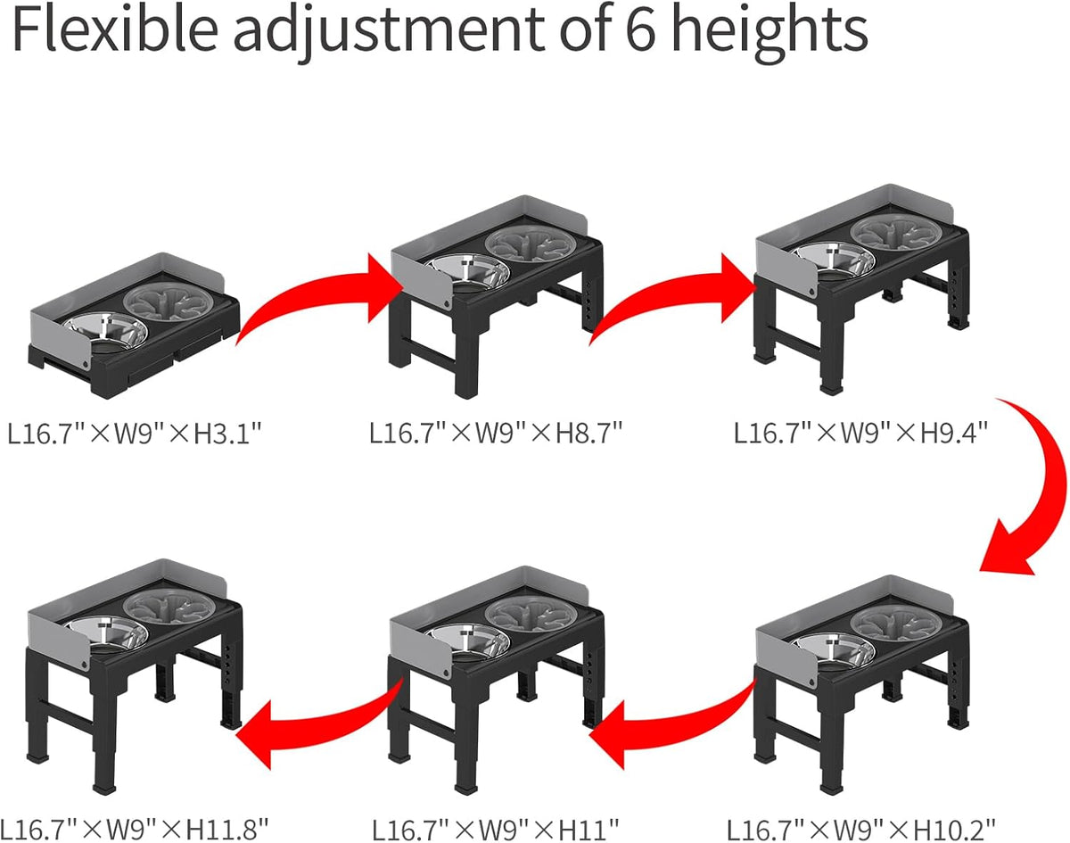 PAKEWAY Elevated Dog Bowls for Medium and Large Dogs, Spill-Proof Tiltable Dog Feeder with Slow Feeder Bowl and Stainless Steel Water Bowl, 6-Height Adjustable Raised Dog Bowl Stand