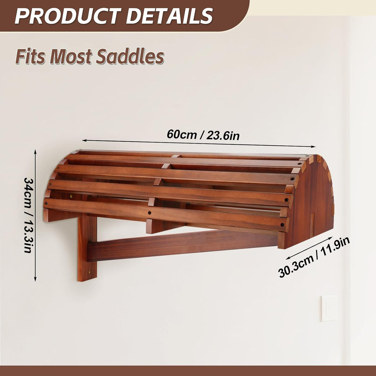Wall-Mounted Wood Saddle Rack – Space-Saving Design with Reinforced Crossbars, Non-Abrasive Surface, Heavy-Duty Storage for Tack Room Organization, 23.6"x11.9"x13.3"