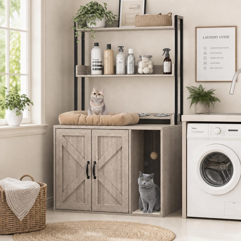 55" H Large Cat Litter Box Enclosure, Hidden Litter Box Furniture Cat Cabinet with Storage Shelves & Charging Sockets