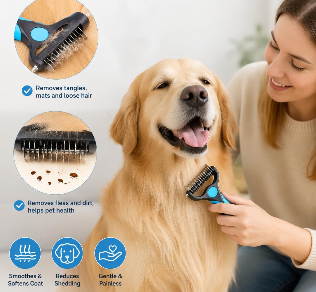 Dog Pro Grooming Tool - Dual-Sided Deshedding Dog Brush and Dematting Comb for Dogs & Cats, Undercoat Rake for Dogs, Comfortable Pet Grooming Brush, Dog Grooming Supplies