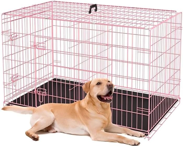 24-Inch Folding Metal Dog Crate for Small Breeds – Double Door, Removable Tray, and Carry Handle – Ideal for Indoor - Pink