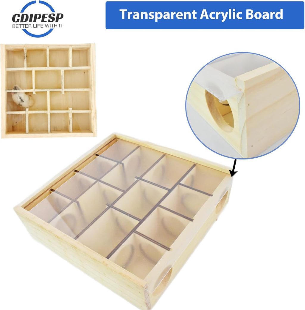 Wooden Hamster Maze with Transparent Acrylic Cover, Multi-Chamber Hamster Hideout House Hamster Toys Gerbil Maze for Dwarf Hamsters Gerbils Mice and Other Small Furry Animals