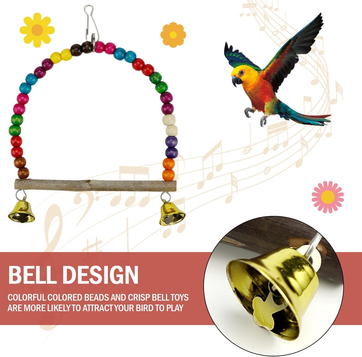 2 Pcs Wooden Bird Swing for Cockatiels Parakeets - Natural Wood Perch Hanging Toy with Colorful Beads Bell, Birdcage Climbing Accessories for Lovebirds Conures Budgies