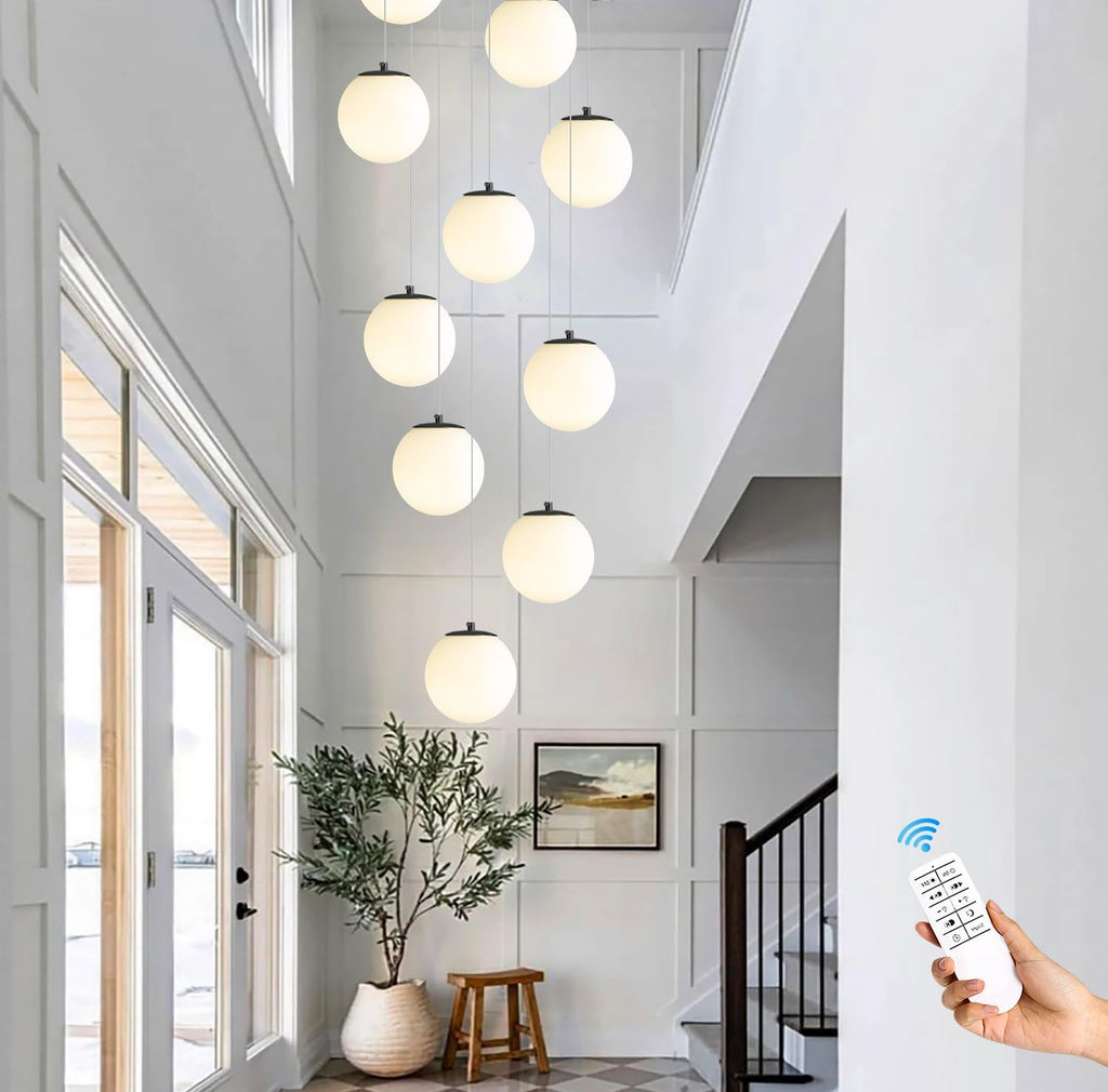 ykolupty 10-Light Black Chandelier with White Globe Glass Dimmable Ceiling Light Glass Pendant Light for Kitchen Island, Dining Room, Living Room, Entry Hallway, LED Bulbs Included