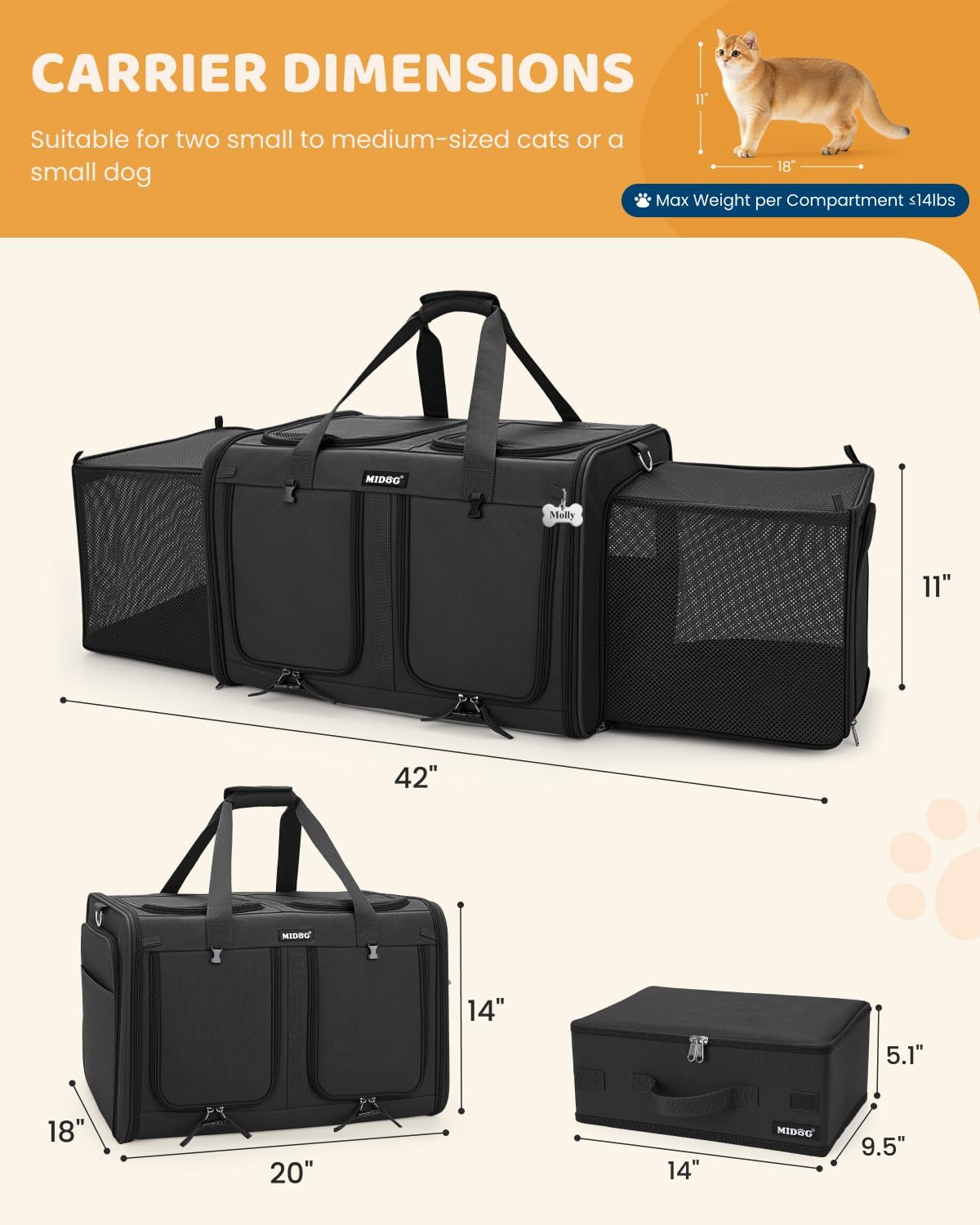 MIDOG Cat Carrier for 2 Cats, Expandable Double Carrier with Litter Box