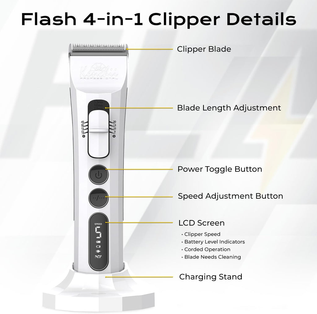 Kenchii Flash Cordless Dog Grooming Clipper, 4-in-1 Blade, White