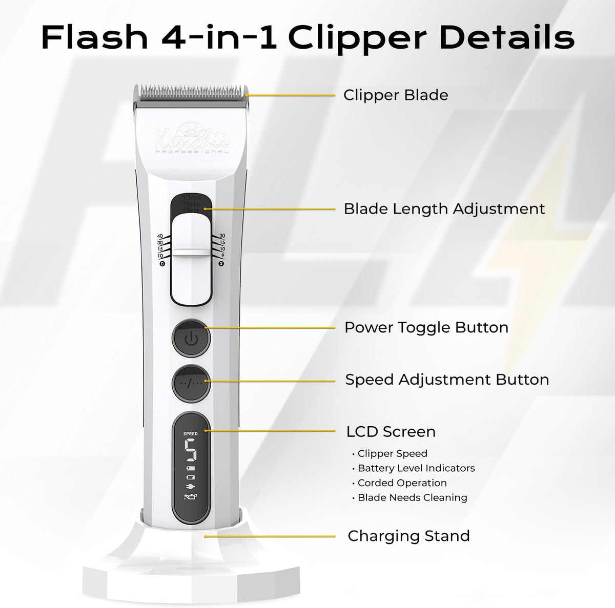 Kenchii Flash Cordless Dog Grooming Clipper, 4-in-1 Blade, White