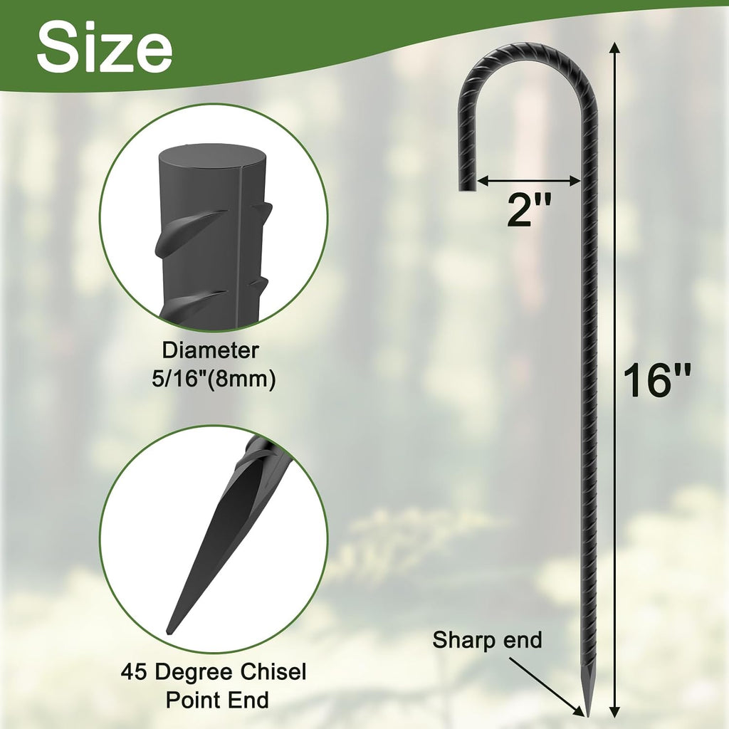 16 Inch J Hook Rebar Stakes, Heavy Duty Ground Stakes 40 Pcs