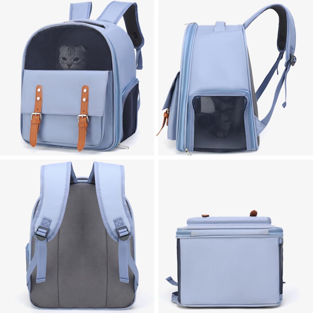 Cat Backpack Carrier Breathable Pet Travel Backpack Double Shoulder Pet Bag for Cats Small Dogs (Blue, 12.6‘’L × 9.9''W ×15.4''H)