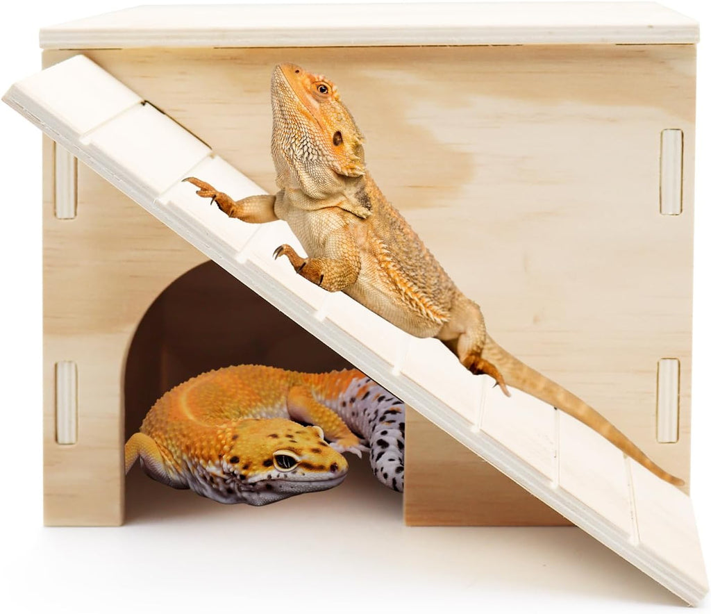 Bearded Dragon Hide Cave, Wooden Reptile Hideout with Climbing Ramp