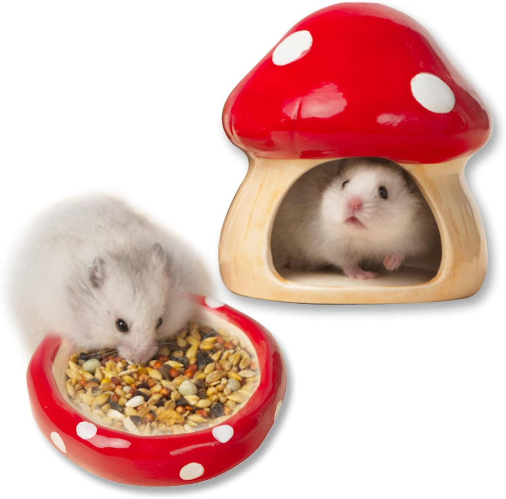 Ceramic Mushroom Hamster Hideout with Food Bowl, Small Animal House(Red)