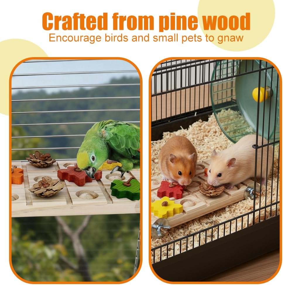 Bird Foraging Puzzle, Wooden Parrot Grinding Platform with Pine Cones, Interactive Birds Enrichment Puzzle for Small-Medium Parrots & Small Animals