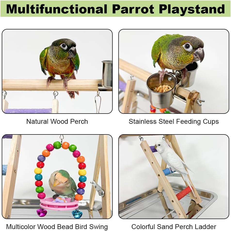 Bird Playstand Exercise Bird Play Perch Ladder with Feeder Cups Swing Toys