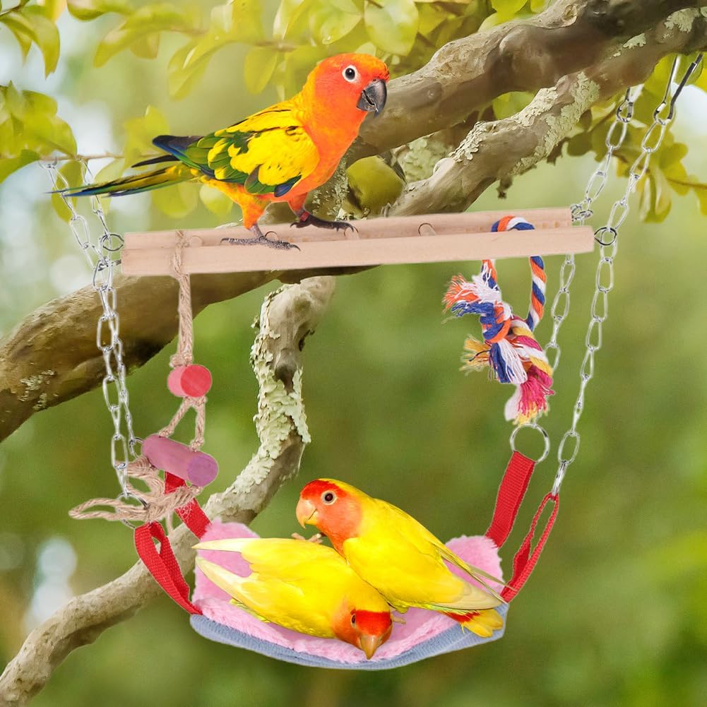 Small Animal Suspension Bridge, Hanging Cage Accessory with Hammock and Climbing Toys - Ladder and Ring, Ideal for Rats, Ferrets, Guinea Pigs, Parakeets, Finches, Cockatiels (Pink)