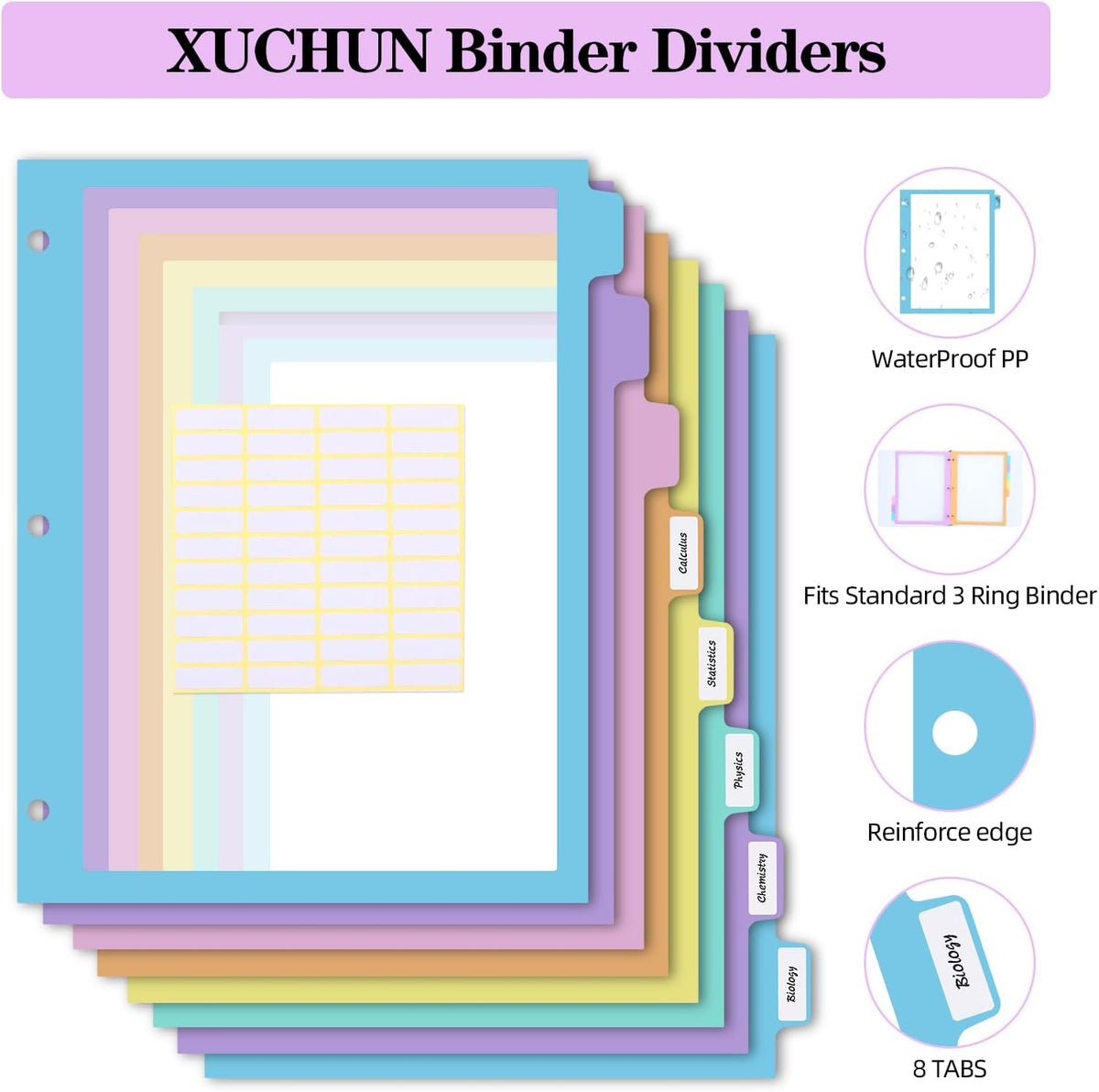 48Pcs/6 Set 8 Tab Dividers, Clear Plastic Binder Dividers with Tabs, for 3 Ring Binder, Letter Size, Multicolor