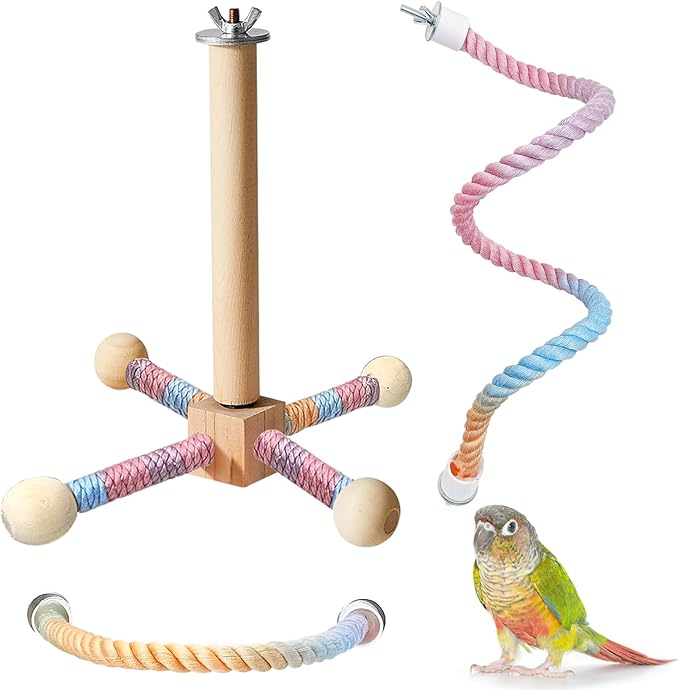 BNOSDM Bird Rope Perch with Stand Perch Toy Set Bendable Rope Perches Wooden by BNOSDM