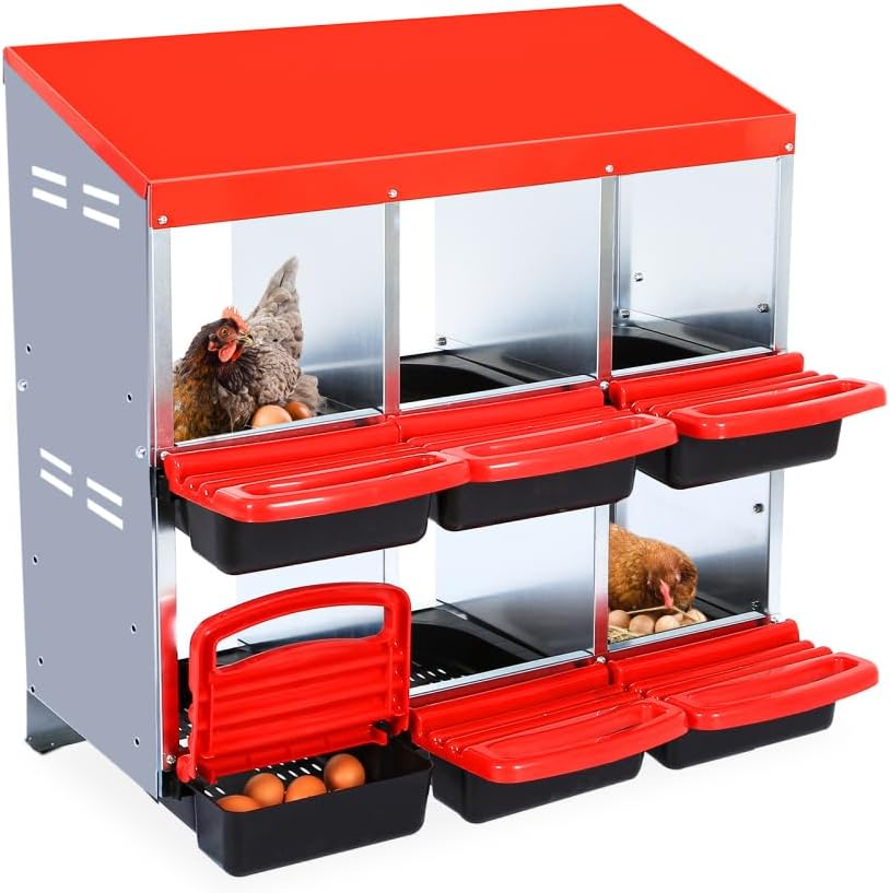 GarveeLife Nesting Boxes for Chickens, 6 Holes Chicken Nesting Boxes, Chicken Laying Box with Lid Cover, for Outdoor Chicken Coop Farm Yard, Red