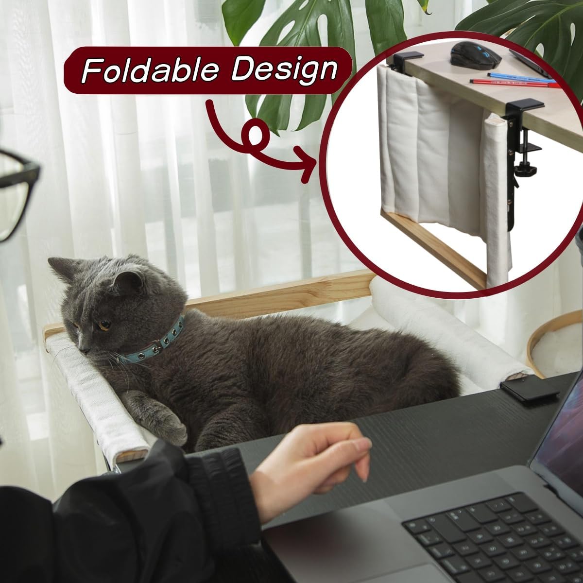 SHENGOCASE Foldable Desk Cat Hammock Perch Bed with Removable and Replaceable Pad,End Table Side Cat Bed Attachment Mount