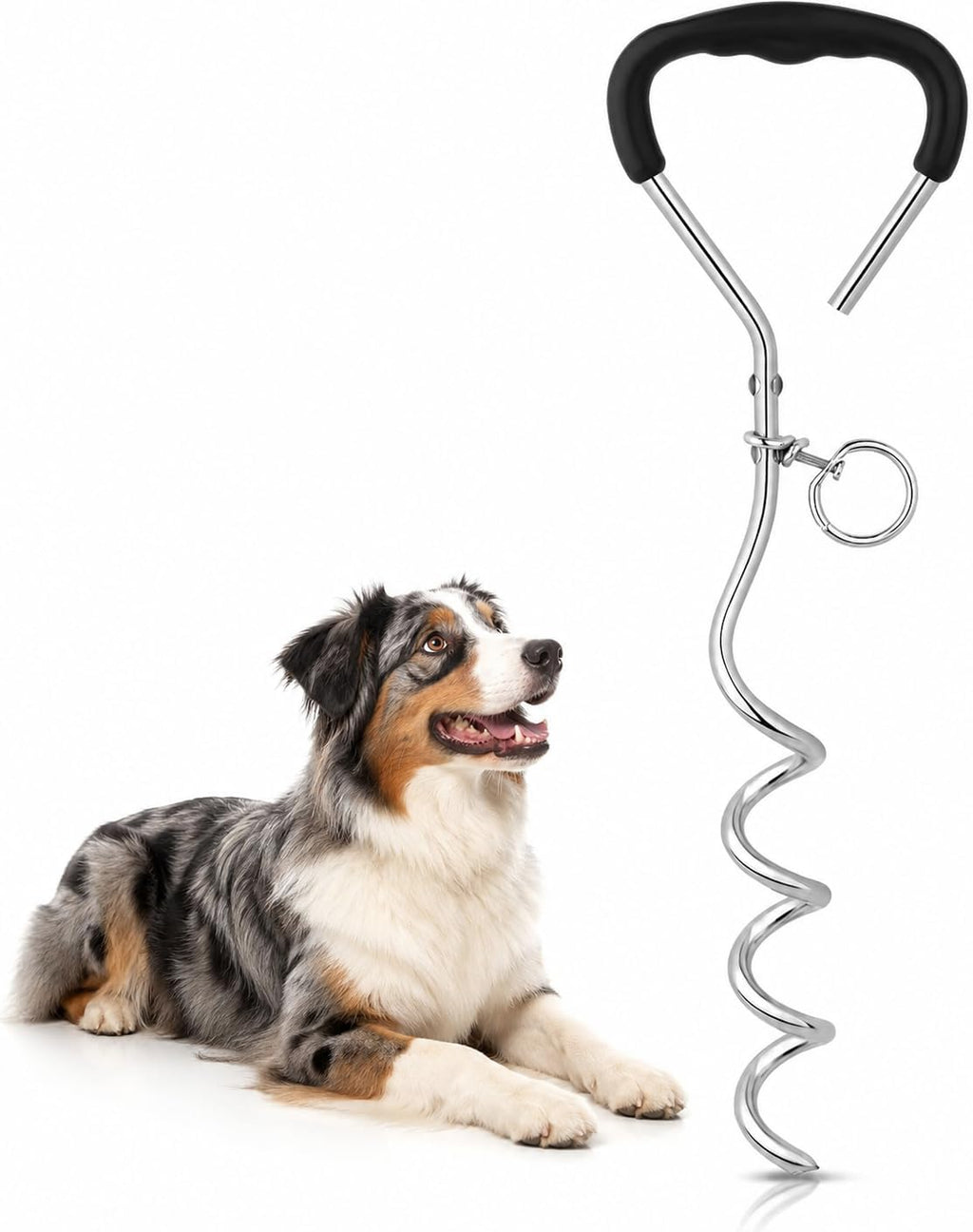 16-Inch Heavy-Duty Dog Tie-Out Stake – 9mm Solid Steel Spiral Dog Anchor with 360° Tangle-Free Ring & Soft-Grip Handle – Easy-to-Install Ground Stake for Yard, Camping & Outdoor Use