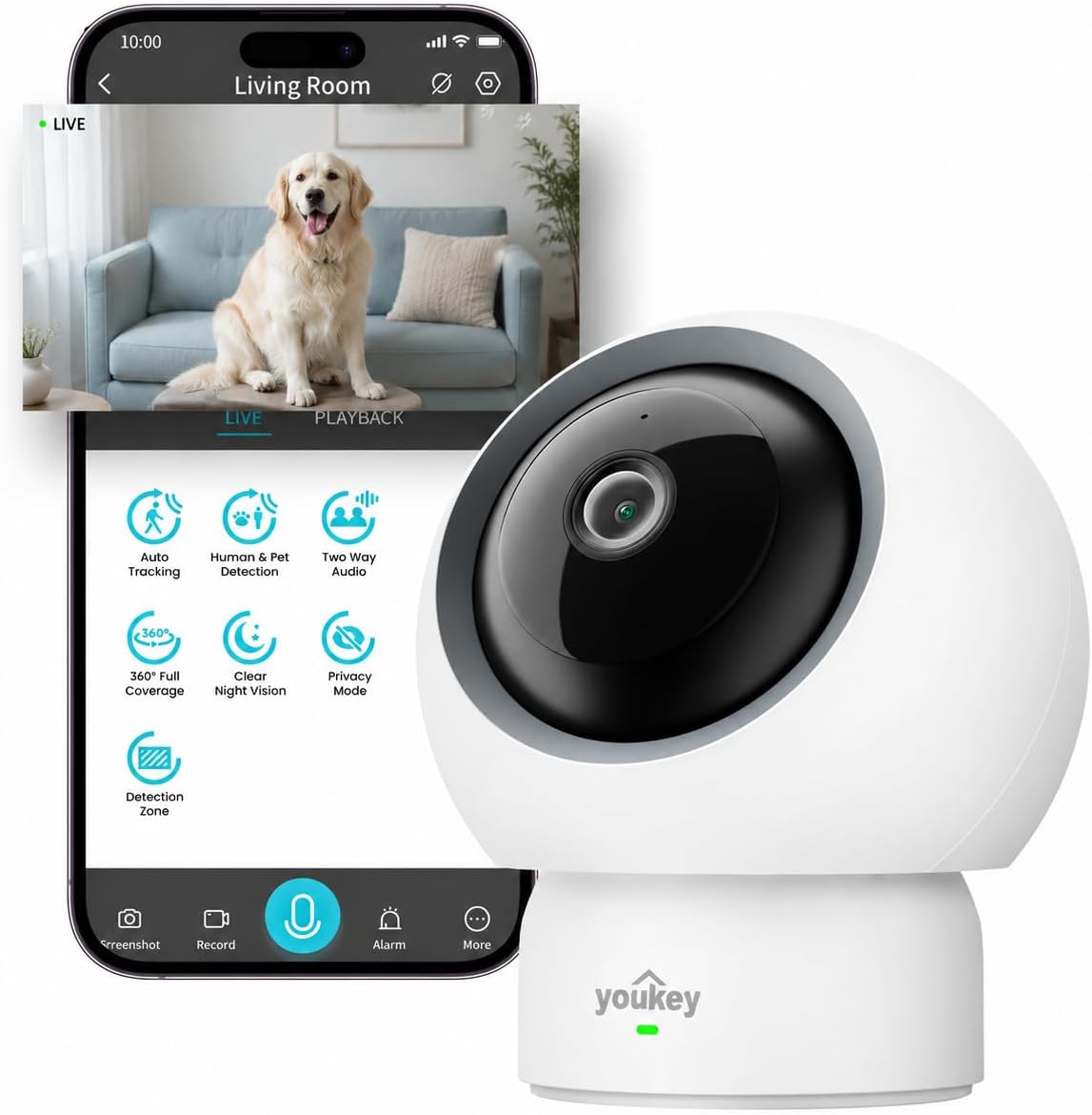 youkey 2.5K Indoor Pet Security Camera, Two-Way Audio Chat to Your Pets, AI Pet/Human Detection, 360° AI Human Tracking, Privacy Mode, No Monthly Fees, Night Vision, WiFi 6（2.4GHz & 5GHz）