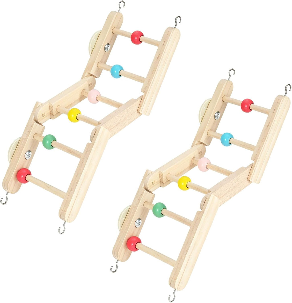 2 Pack Bird Ladder Toy, Natural Wood Parrot Climbing Bridge with Colorful Beads and Hanging Hooks, Bird Cage Accessories for Parakeets Budgies Cockatiels Lovebirds Small Parrots