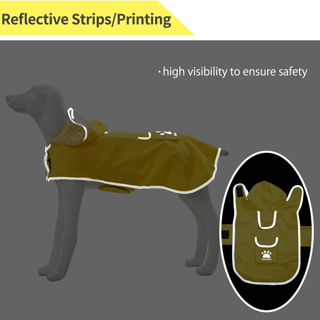 MAMORE Dog Raincoat Reversible,Waterproof Dog Rain Coat Hooded Slicker Poncho with Reflective Strip, Plaid Double Layer Rain Jacket for Small Medium Large Dogs (Yellow, XX-Large(55-77lb))
