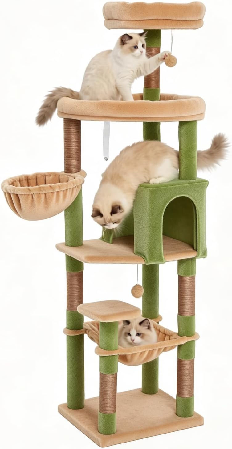 67-Inch Cat Tree with Bed, Hammock, Observation Deck, Plush Platform & Toy Ball for Indoor Cats (Green + Yellow)