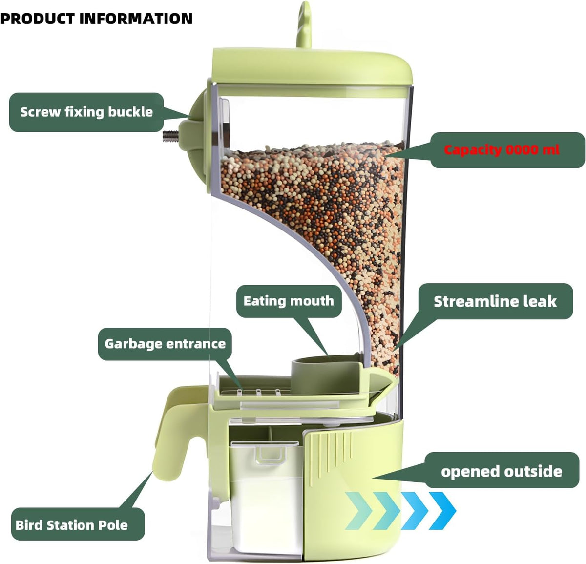 Automatic Bird Feeder for cage, Easy to Clean, Hanging Large Capacity, Clear Bird feeders for Window Viewing (Green)