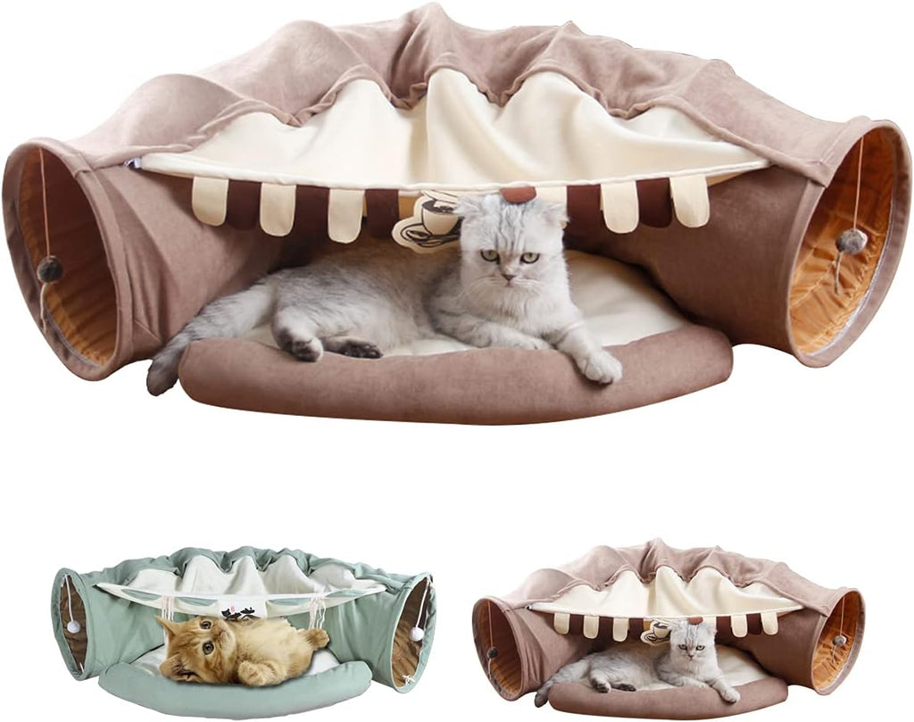 LEFTSTARER 2-in-1 Collapsible Cat Tunnel for Indoor Bed and Hideout - Pet Dog Rabbit Bunny Ferret Tunnel Tubes Toys with Removable Washable Mat, Tower Wheel Stuff
