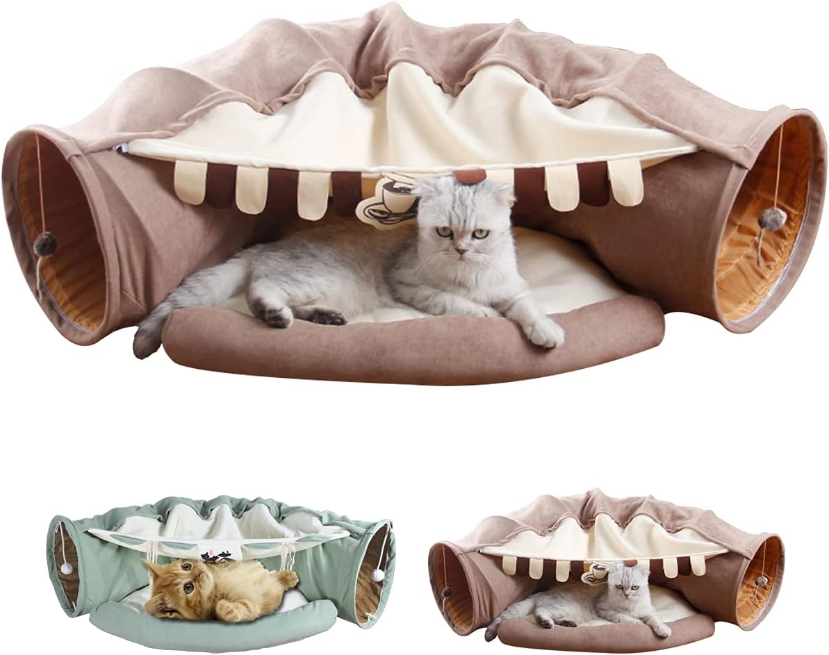 LEFTSTARER 2-in-1 Collapsible Cat Tunnel for Indoor Bed and Hideout - Pet Dog Rabbit Bunny Ferret Tunnel Tubes Toys with Removable Washable Mat, Tower Wheel Stuff