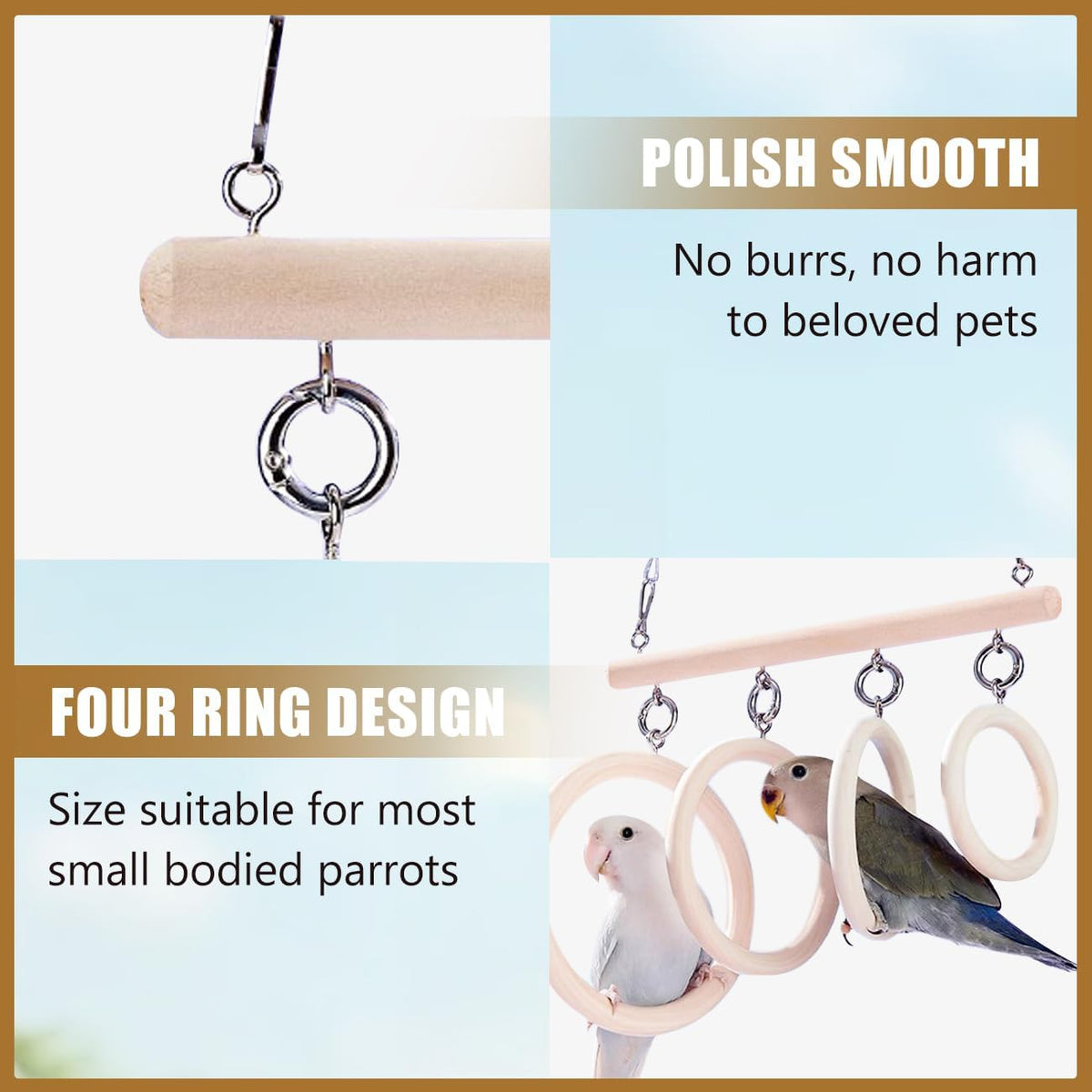 La La Pet Bird Swing Rings 4-Ring Perch Stand Wooden Parrot Playground Relieve Boredom Hanging Birdcage Accessories for Budgies Cockatiels Conures Parakeets Cockatoos
