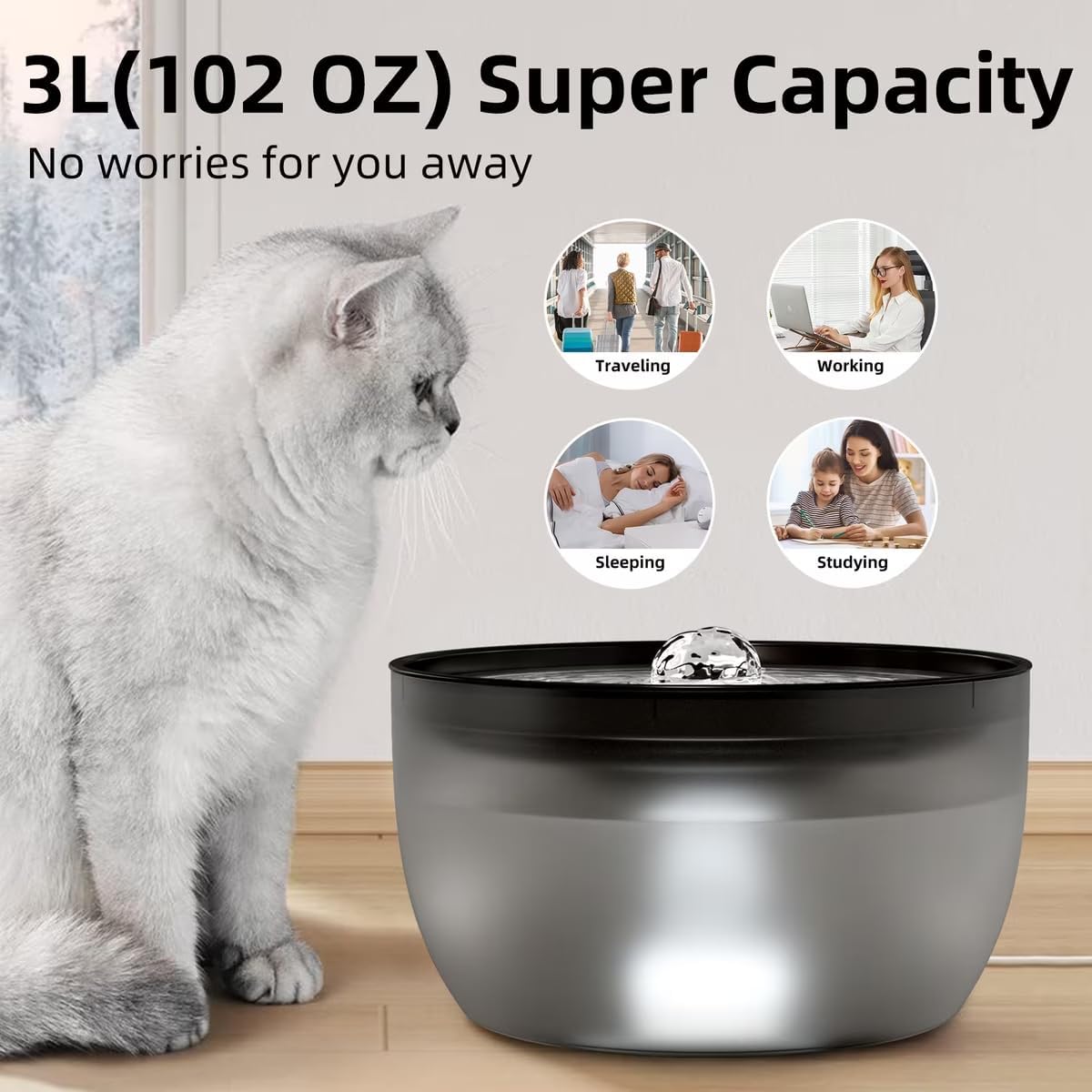 Casfuy W8 Quiet Stainless Steel Dog & Cat Water Fountain with LED Light, Black, 102-oz