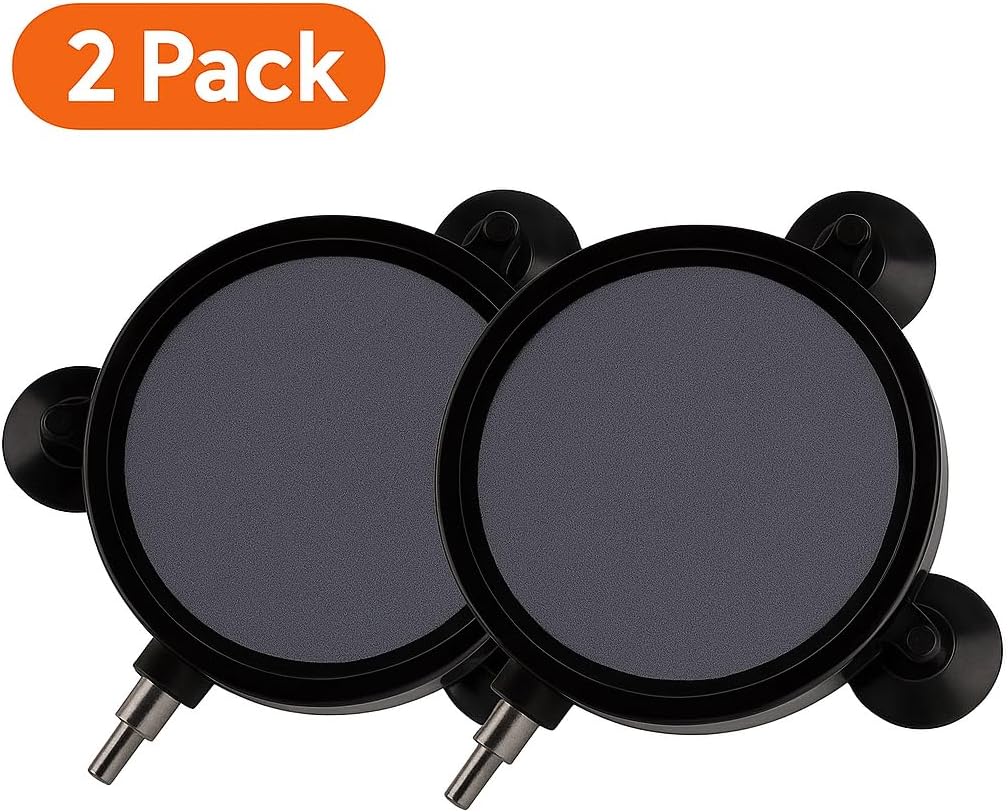 SLOCME 4 Inch Aquarium Air Stone 2 Pack – Round Oxygen Diffuser with Suction Cups, Produces Fine Bubbles for Fish Tank, Hydroponics & Aquatic Plants