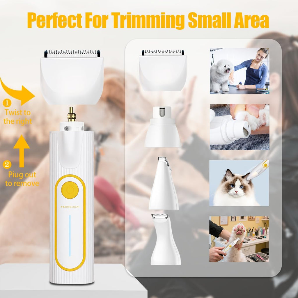 Dog Paw Trimmer, Low Noise Paw Hair Trimmer for Dogs with LED Light Wireless Pet Shaver, Suitable for Claws, Ears, Face, HIPS and Eyes(Orange) (White, 4-in-1)