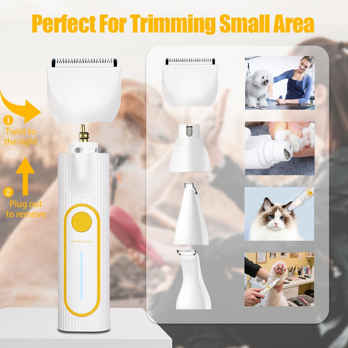 Dog Paw Trimmer, Low Noise Paw Hair Trimmer for Dogs with LED Light Wireless Pet Shaver, Suitable for Claws, Ears, Face, HIPS and Eyes(Orange) (White, 4-in-1)